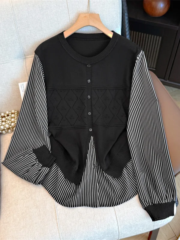 

Женская весенняя кофта большого размера с эффектом стройности, в клетку, с длинным рукавом, скрывающая живот, повседневная, из трикотажной ткани