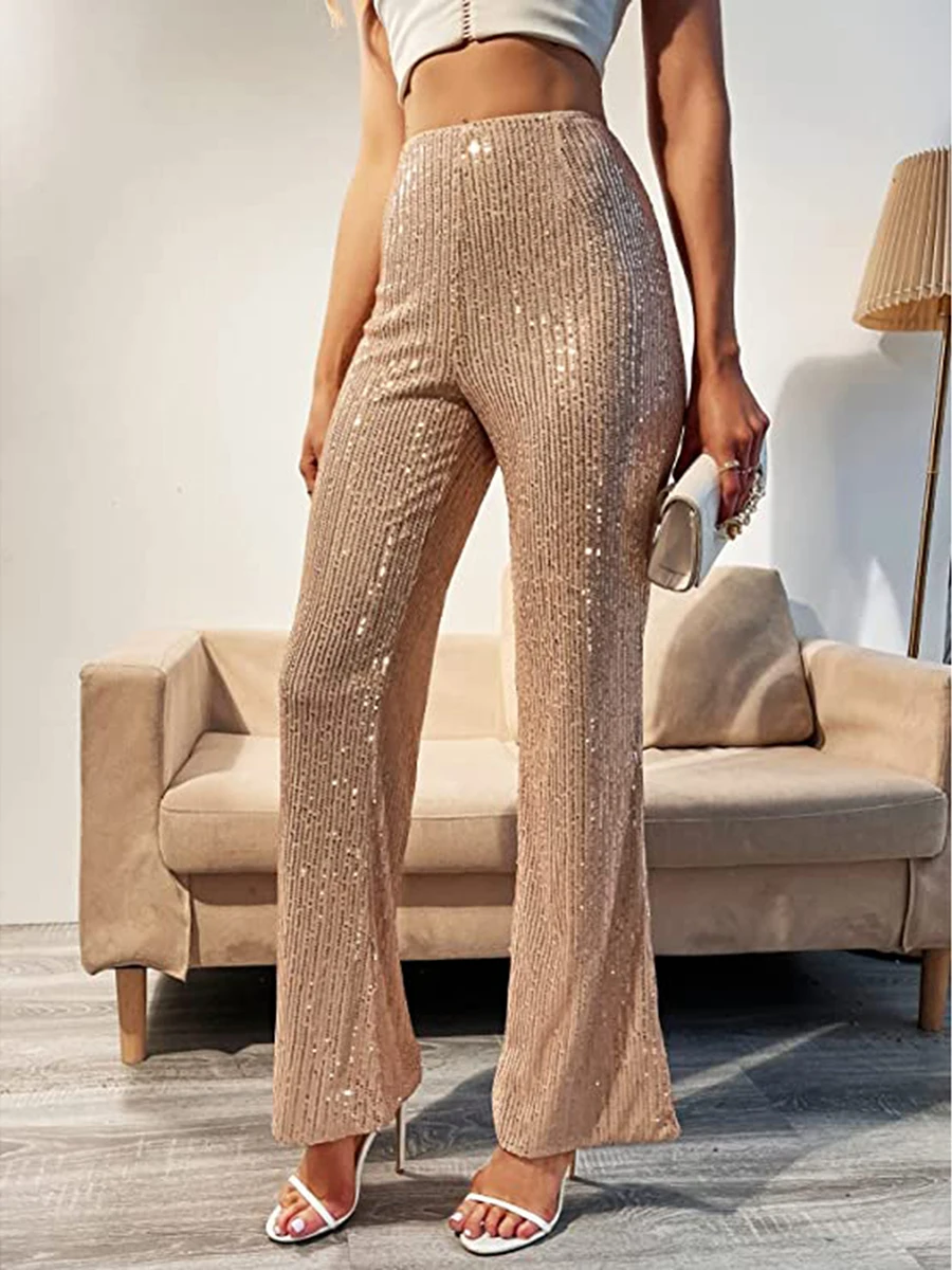 

Women Flared Pants, Elegant Shiny Sequined High Waist Stretchy Slim Fit Ladies Trousers for Club Bar Party