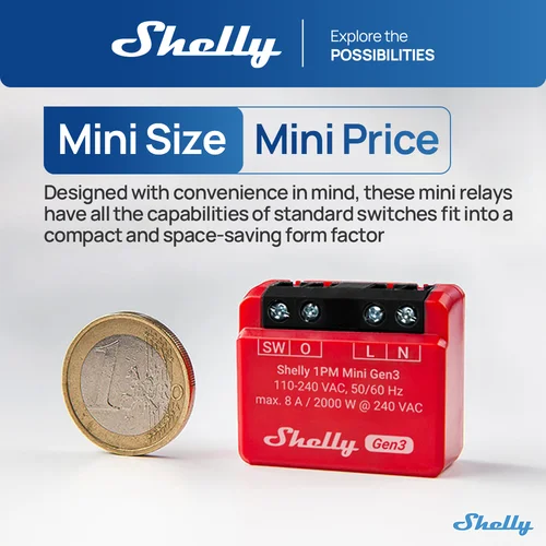 Imagen 2 del producto Shelly 1PM Mini Gen3 WiFi interruptor inteligente 8A Compatible con materia monitoreo de energía preciso y medición operado a través de Control inteligente