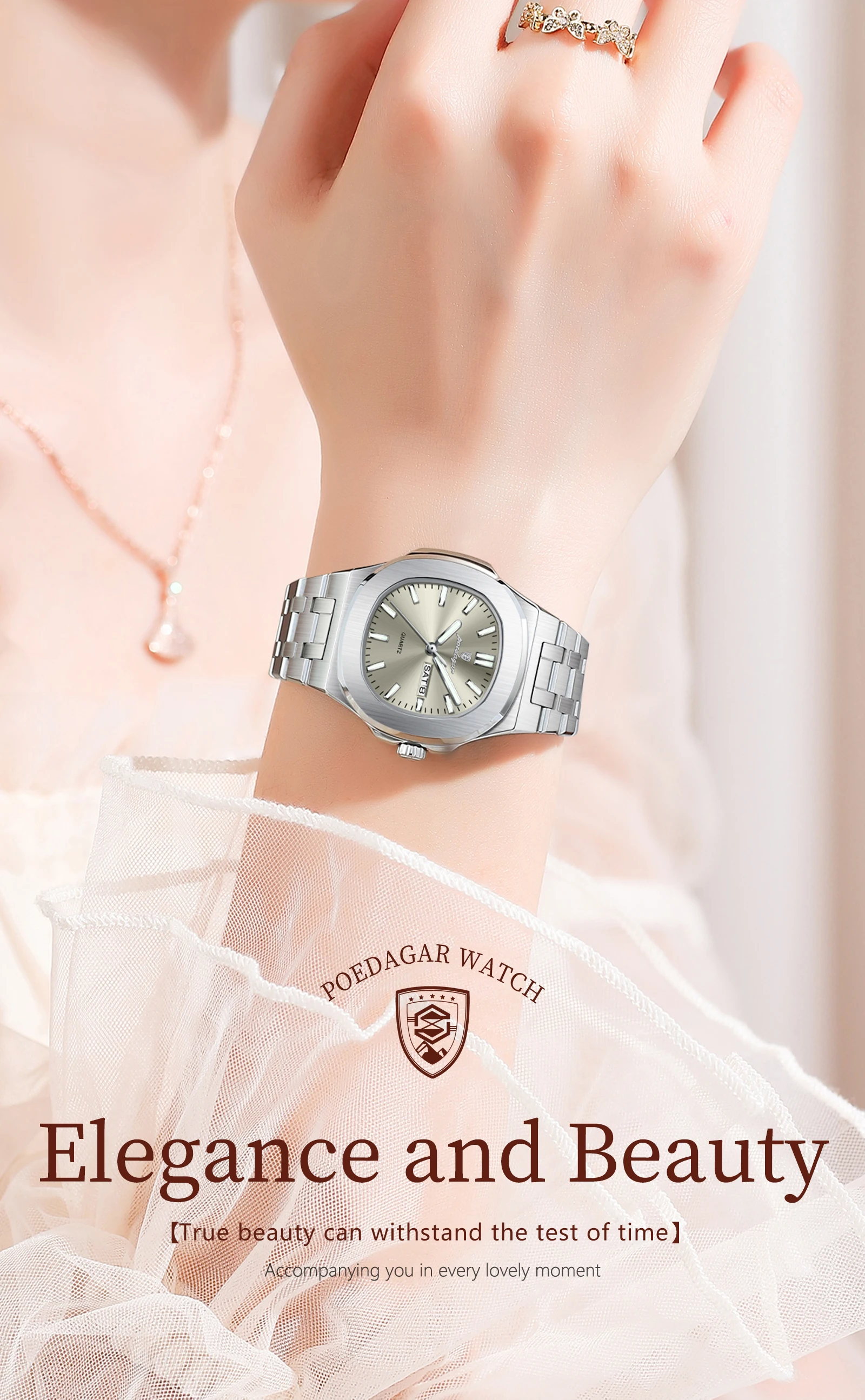 POEDAGAR Quadratische Damenuhr Datum Woche Wasserdicht Leuchtende Damenuhr Edelstahl Quarz Mode Damenuhren Reloj Geschenk – Detail 2
