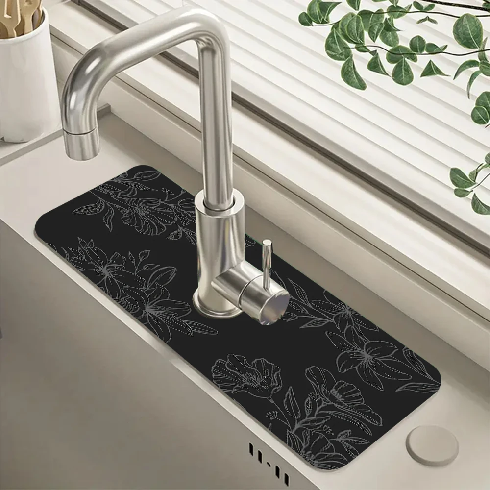 

White Flowers Faucet Mat For Kitchen Sink Protectors Kitchen Accessories Rubber Mat Splash Guard, Bathroom Faucet Mat