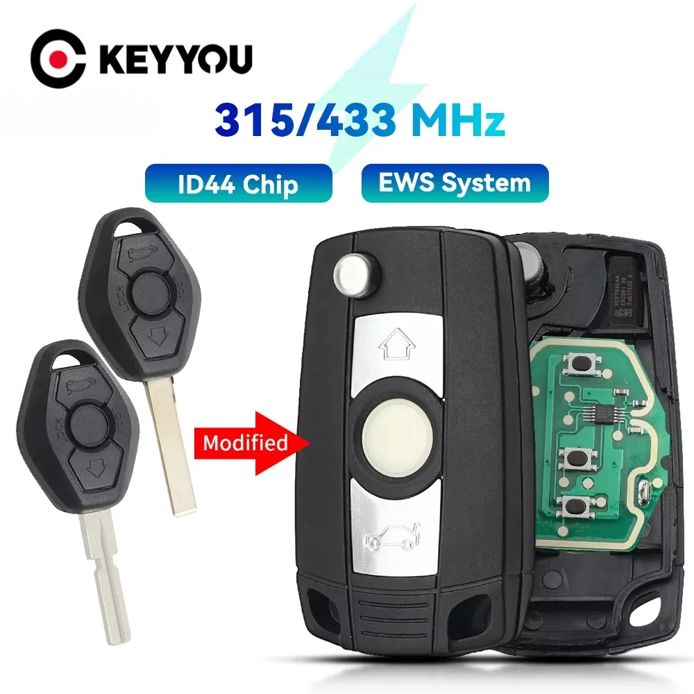 KEYYOU NEUER Modifizierter Fernbedienungsschlüssel EWS-System für BMW E38 E39 E46 X3 X5 Z3 Z4 1/3/5/7 Serie 315/433MHz ID44 Chip-Sender-Schlüssel