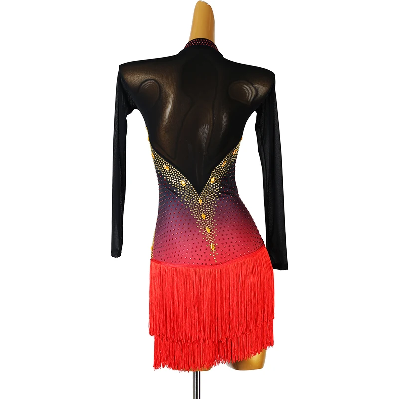 

New Women's Latin Dance Dress Red Fringe Salsa Dress Sexy Long Sleeve Rumba Tango Lace Performance Costume Stage Wear
