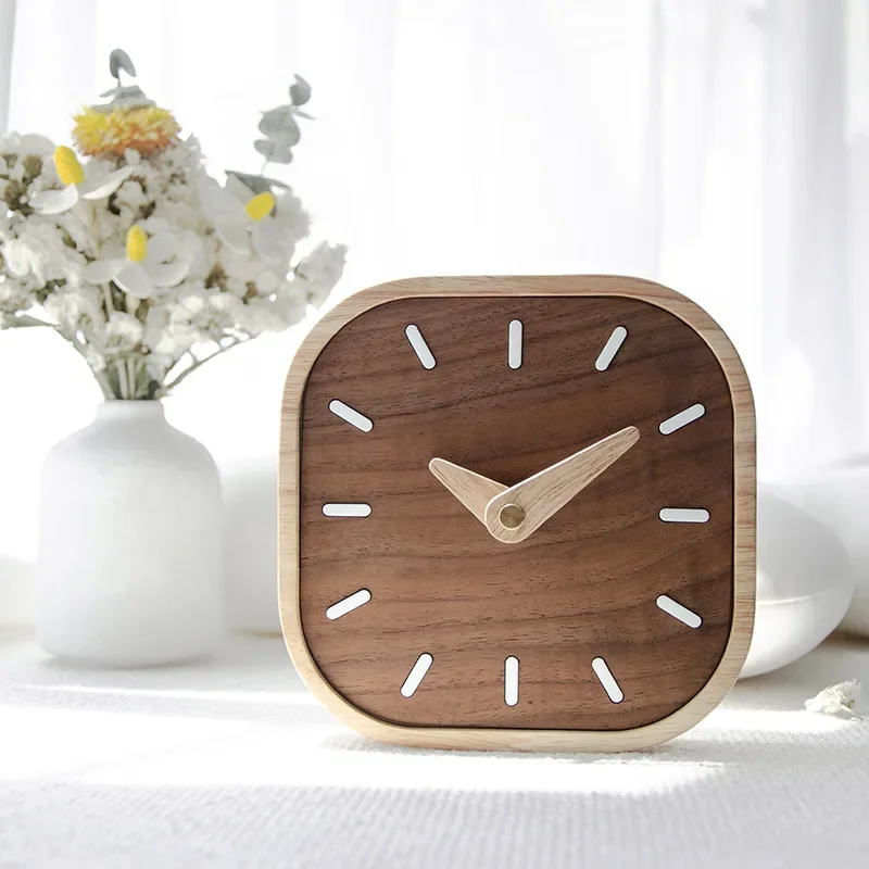 Creative Black Walnut Solid Wood Small Table Clock Nordic Simple Wind Bedroom Bedside Office Display Mute Decorative Desk