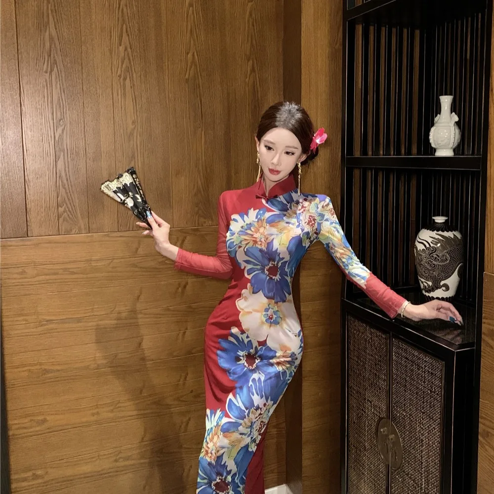 Ele Floral Me Split Qipao Dr Sexy Faionable Herbst Neue Ankunft frauen Lange Sve Bodycon Dr Chinesische Sle