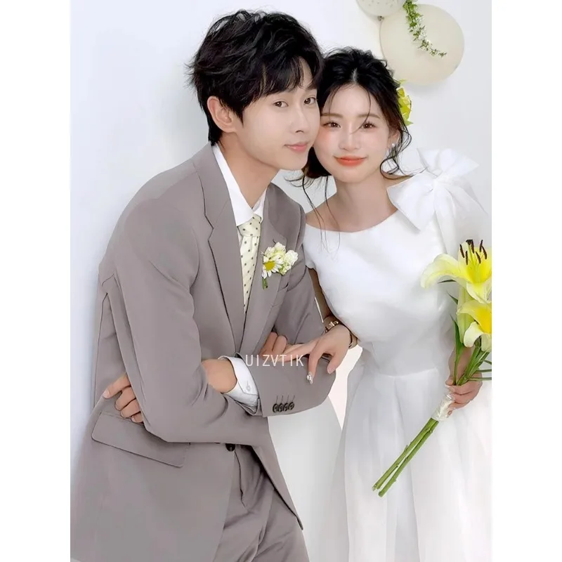 Простые корейские длинные свадебные платья трапециевидной формы с бантом для фотосессии из мягкого атласа с круглым вырезом Элегантные свадебные платья웨딩드레스 По индивидуальные корсеты 2025 Новинка