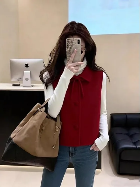 

Red Thiened Woolen Vest Women's Autumn Winter Faionable Layered Wear Unique Beautiful New Year's Clothing Top