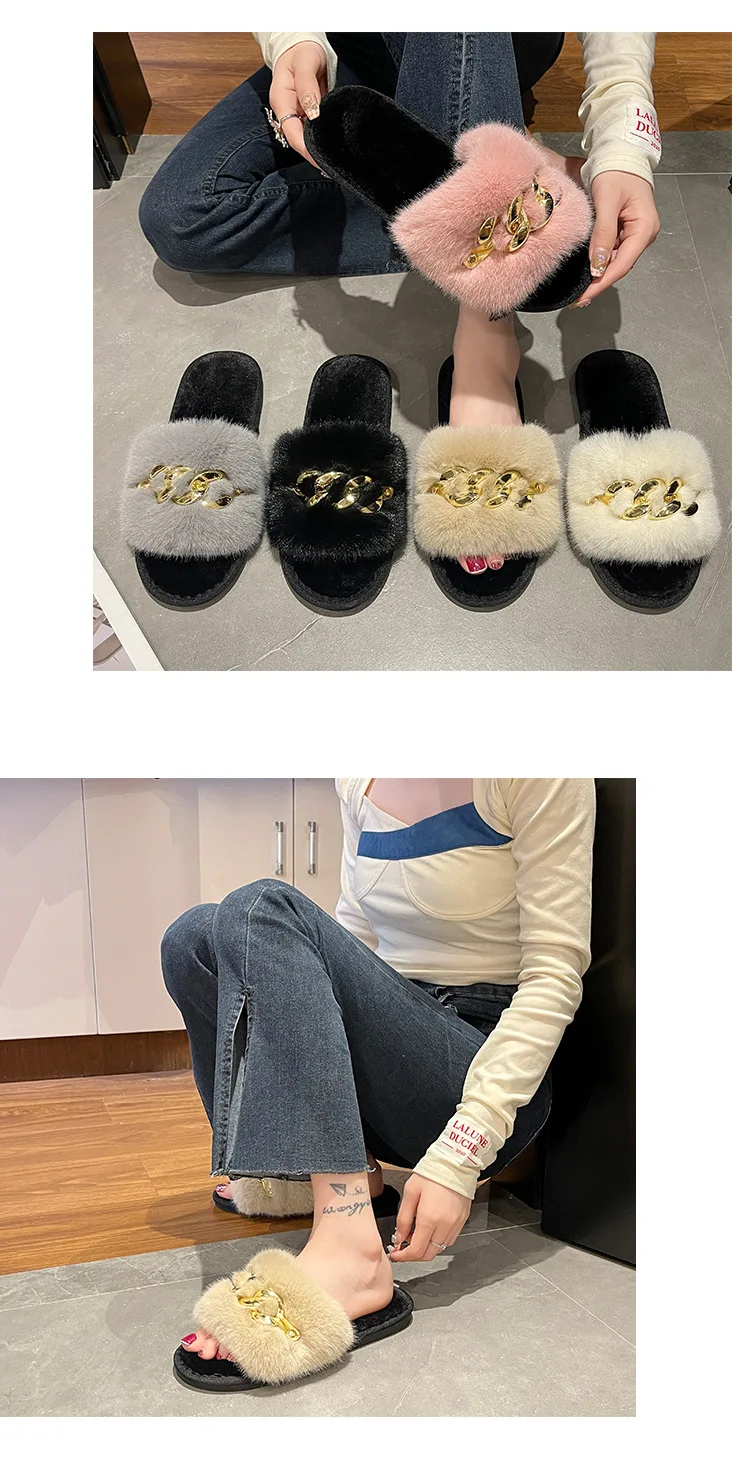 Herbst/winter Metall Kette Woolen Baumwolle Hausschuhe Mode Warme frauen Große Pelz Flache Ferse Gerade Hausschuhe Hause Baumwolle pantoffel – Detail 8