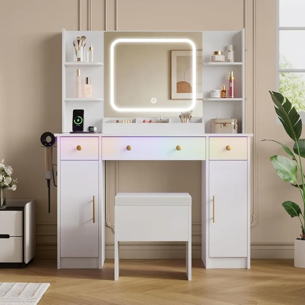 

Illuminated Vanity Desk with LED Mirror, Charging and RGB Lighting, 3 Drawers, 2 Cabinet Chair Set for Bedroom or Bathroom