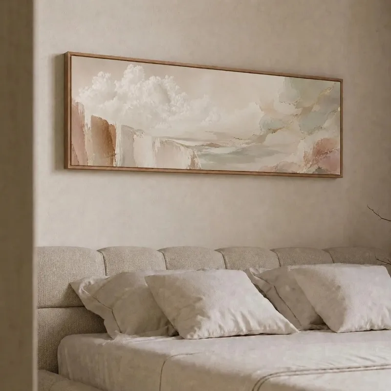 Horizontal Abstract Landscape Canvas Wall Art, Muted Blush Pink Beige Textured Print, Wabi‑Sabi Bedroom Headboard Home Decor