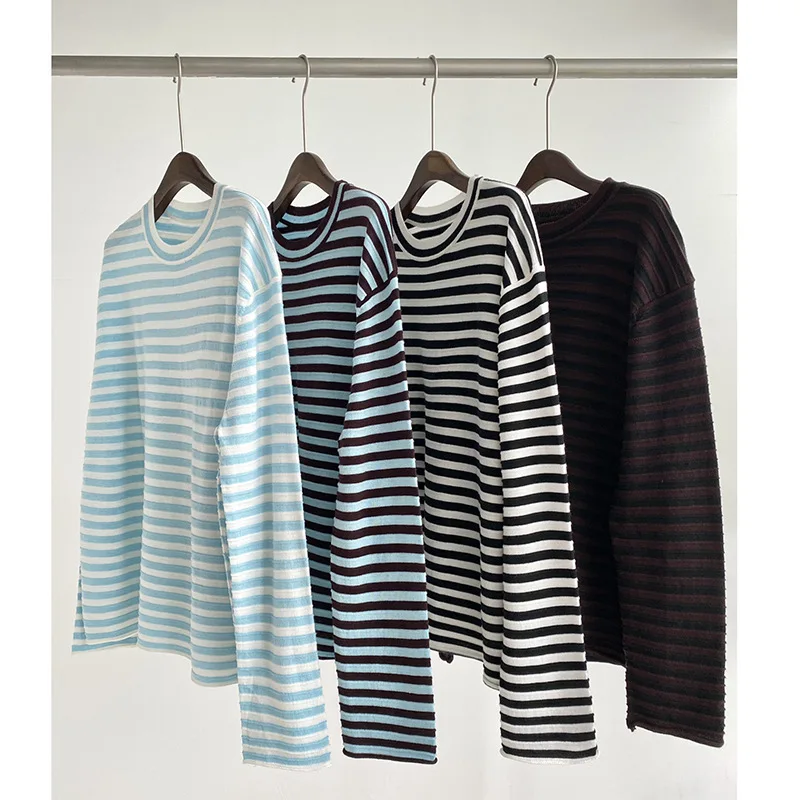 

France Style 2023 Autumn Elegant Women High Quality Wool-blend Stripe Sweaters Top F176