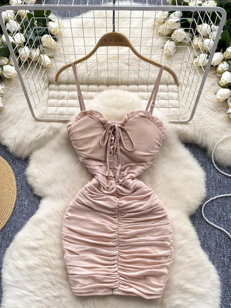 Foamlina Sexy Solid Spaghetti Strap Mesh Bodycon Dress Women Summer Chic V Neck Sleeveless Backless Slim Ruched Night Club Dress
