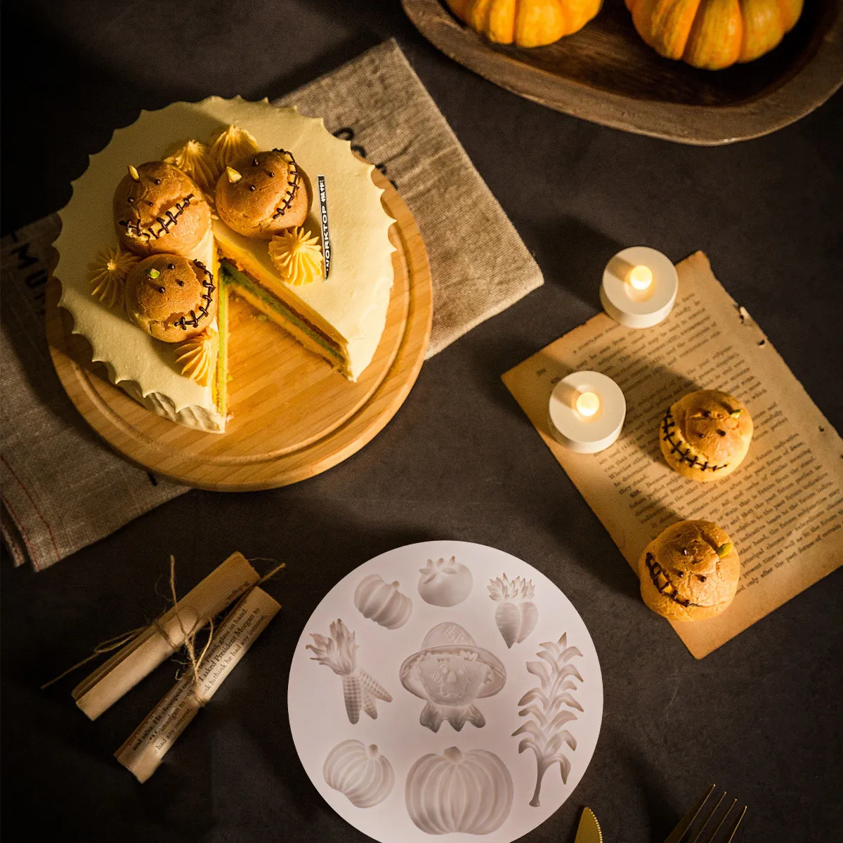 Molde de silicona gris claro para chocolate y galletas, diseño de calabaza, 2 unidades, para repostería DIY