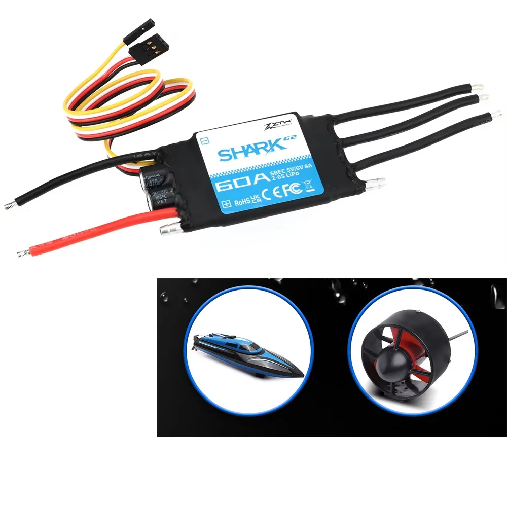 New ZTW 32-Bit ESC Shark G2 20A 30A 40A 50A 60A 80A 100A SBEC 5V/6V 8A Brushless Speed Controller for Boat Underwater Thruster