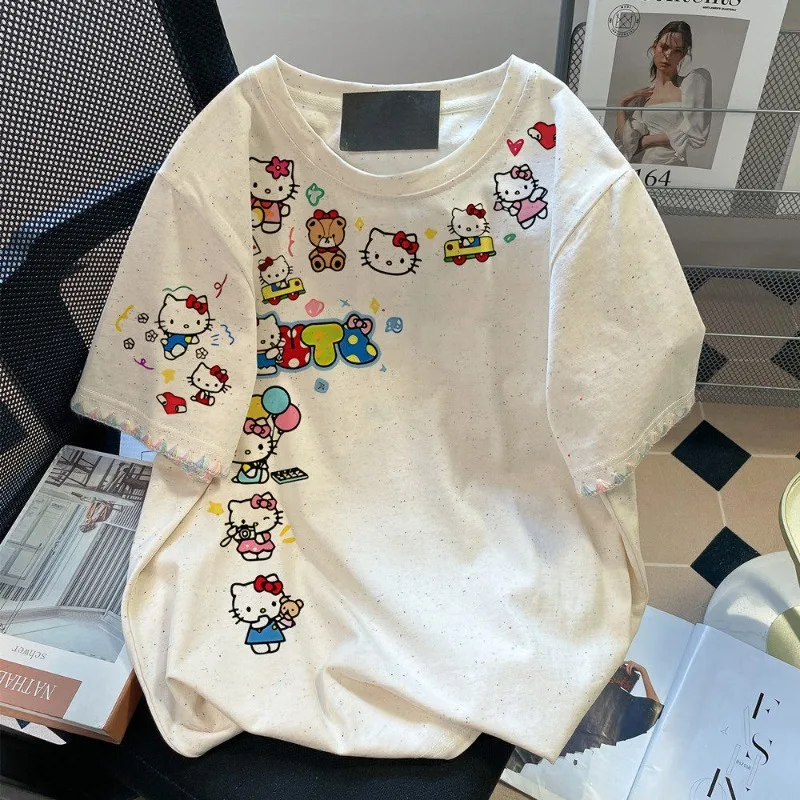

Cartoon Hello Kitty retro printed short sleeved T-shirt for summer women's new loose and lazy style round neck women's top