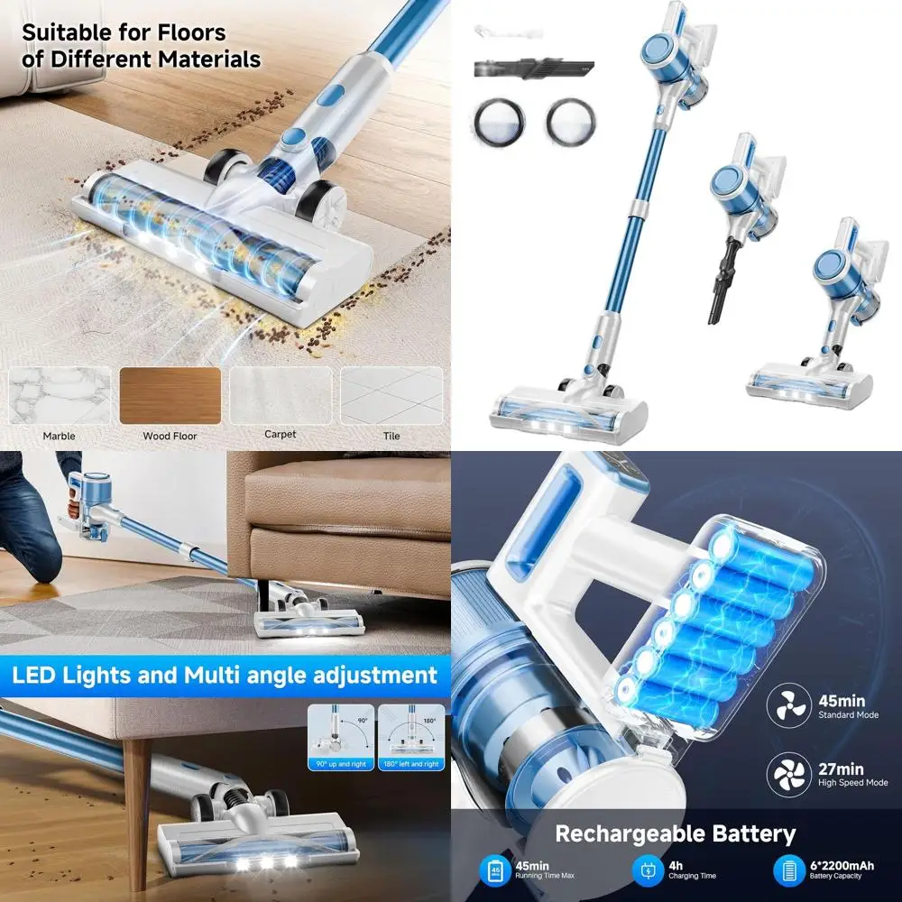 

Lightweight Cordless Stick Vacuum, 45 Min Runtime, 8-in-1 Handheld for Floors & Carpets, Pet Hair, Blue & White