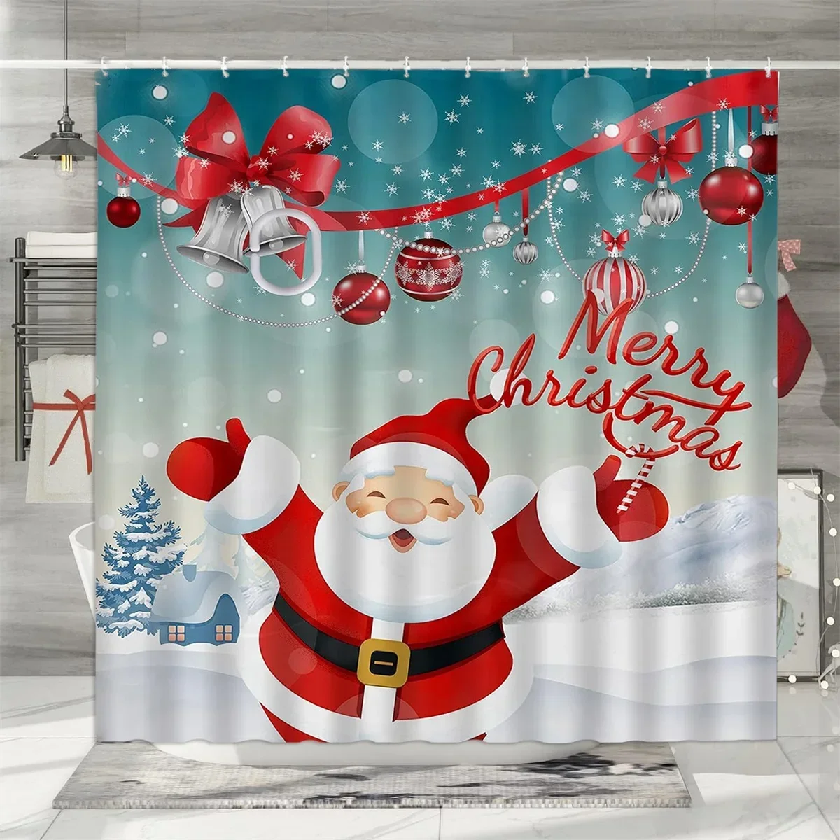 Christmas Shower Curtain, Winter Holiday Farm Snowman Santa Claus Christmas Tree Farmhouse Christmas Balls Bathroom Decorations