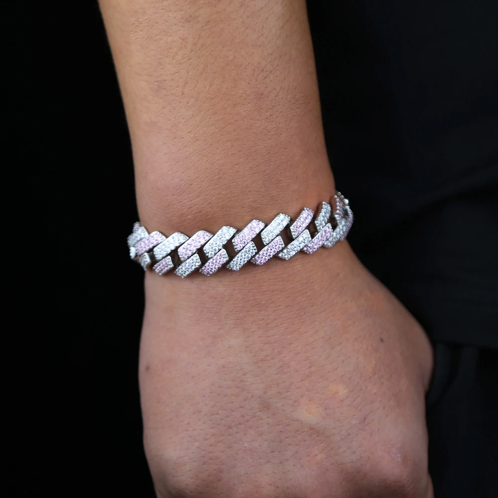 

Wholesale Men Cuban Chain Bracelet Bangle With Pink White Cz Paved Hip Hop Wide Heavy Bracelet For Hip Hop Party Jewelry Gift