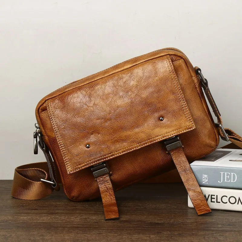 Retro first-layer cowhide men's handmade leather bag casual versatile leather messenger bag solid color shoulder bag