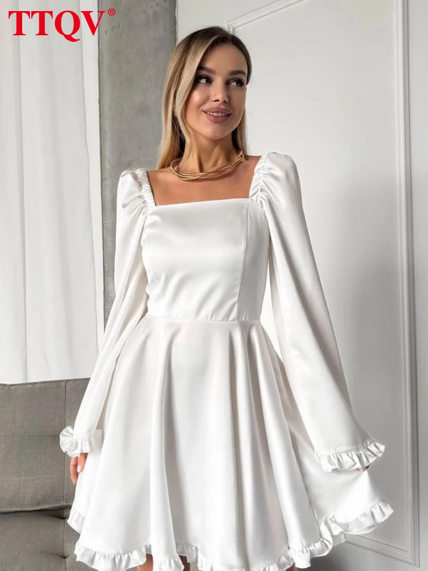 

TTQV Fashion Loose White Satin Women's Dress 2026 Autumn Square Collar Long Sleeve Mini Dresses Elegant Pleated Female Dress