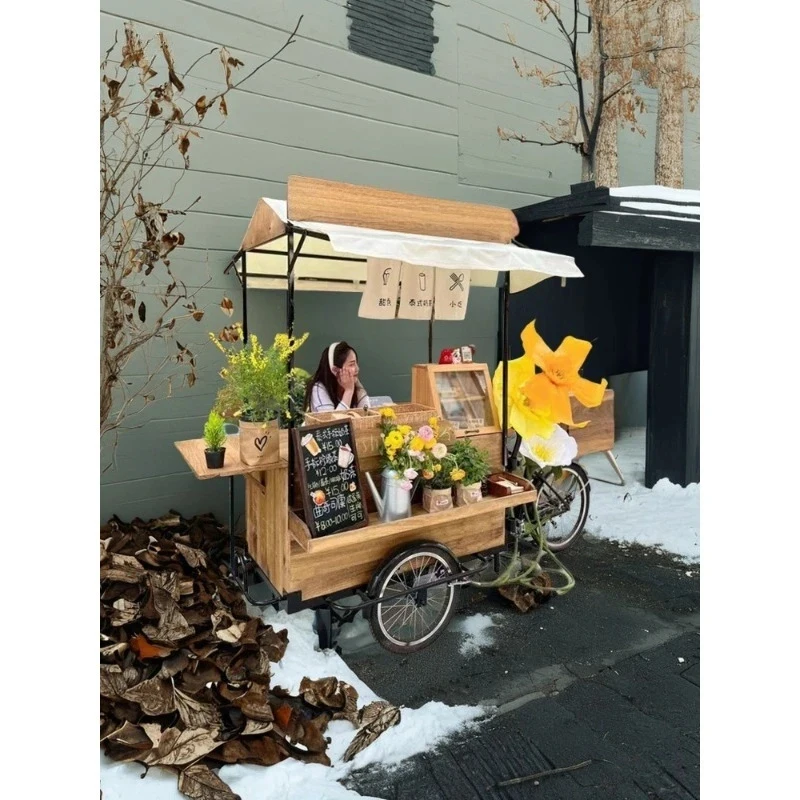 

high quality American retro solid wood reverse riding three-wheeled dining coffee bread stall night market scenic mobile car