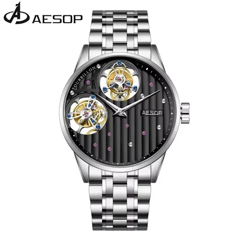 AESOP Men'S Luxury Skeleton Wristwatch Dual Tourbillon Mechanical Watch Sapphire Crystal Glass 30M Waterproof Watches For Men ﻿