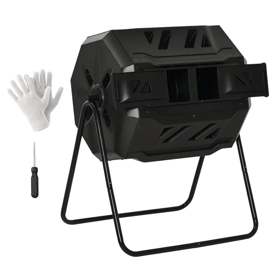 

Tumbling Compost Bin Outdoor 360 Dual Chamber Rotating Composter 43 Gallon Black