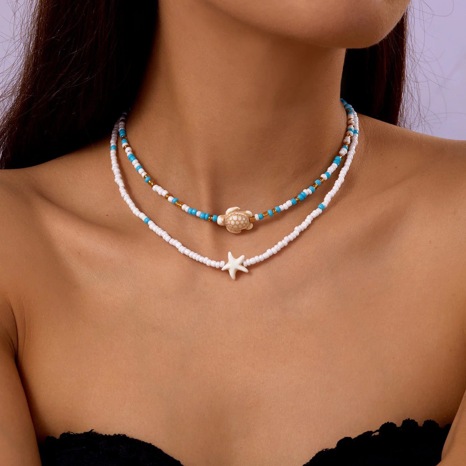 Bohemian Doppel Reis Perle Kette Schlüsselbein Halskette für Frauen Acryl Schildkröte Seestern Anhänger Halsband Sommer Strand Mode Schmuck – Detail 15