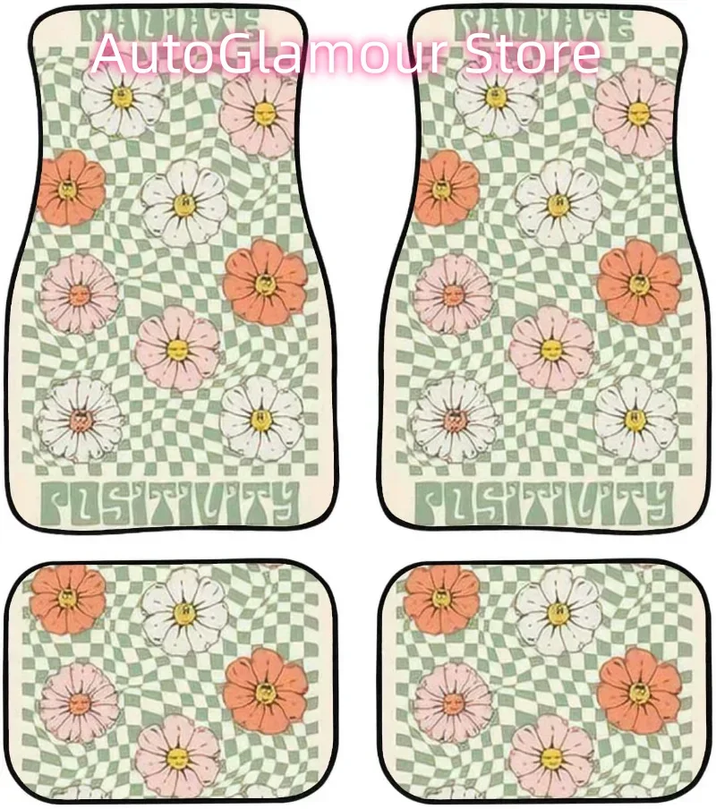 Car Floor Mats Retro 70s Daisy Flowers Print with Distorted Checkered for Girl Kids Carpet Cars, Auto Interior Decoration