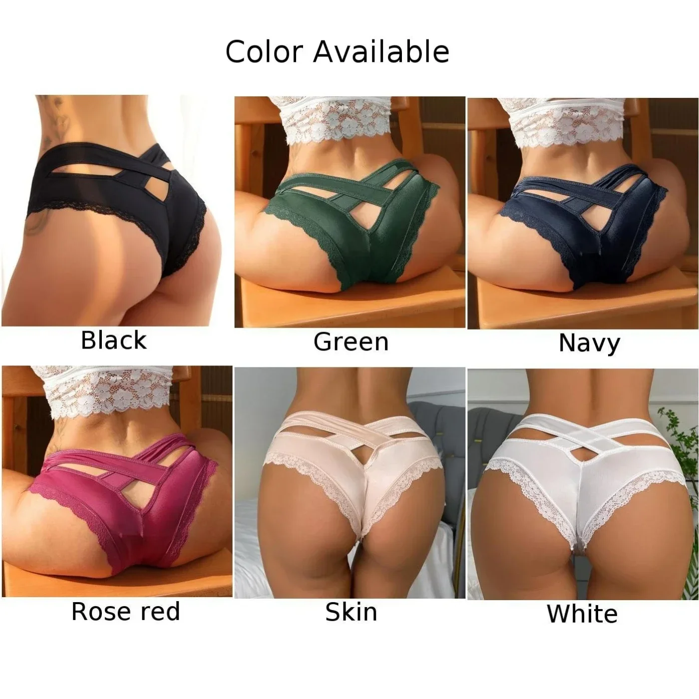 Sexy Women Underwear Lace Low-Waist Panties Ice Silk Brief Underwear Lingerie Underpants Hollow Out String Seamless Briefs Tanga