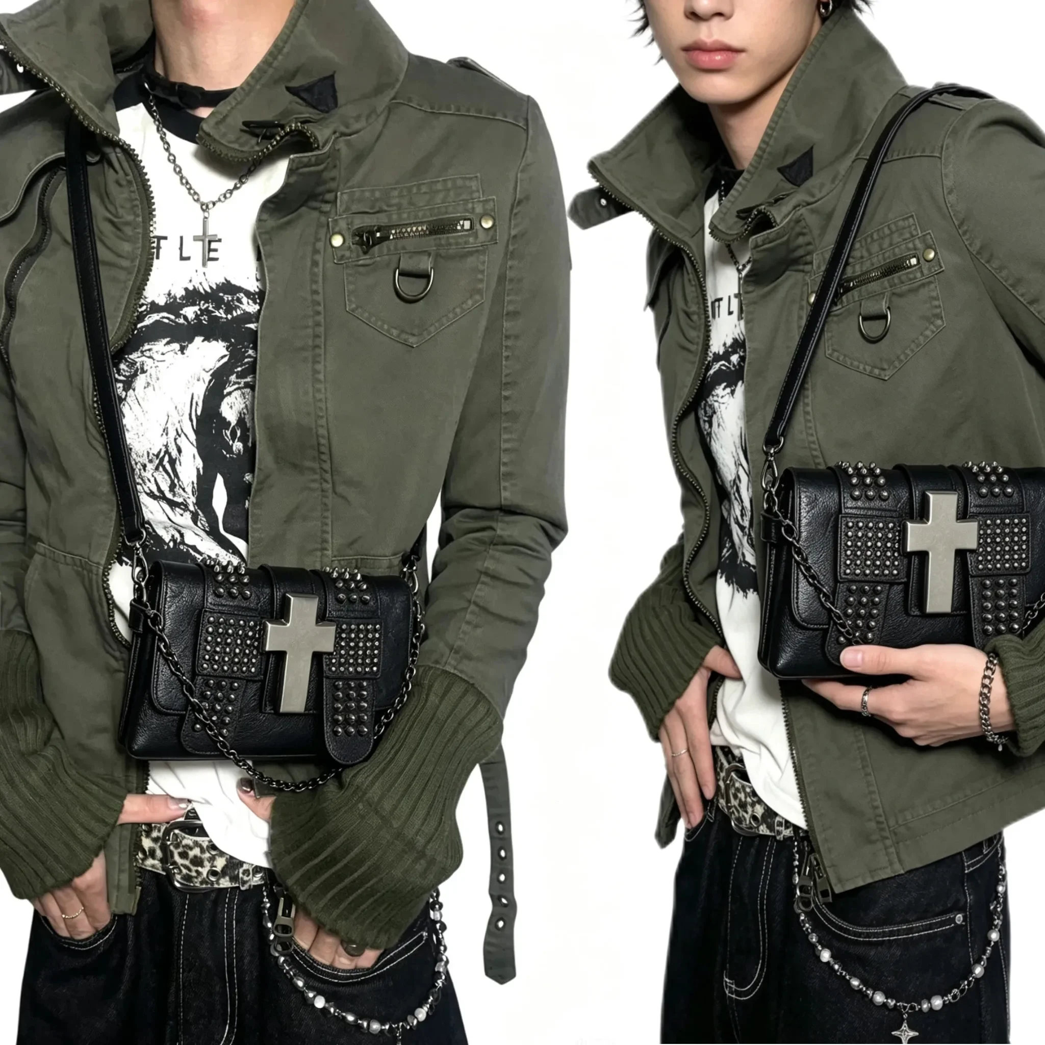 Trendy and Cool High Street Messenger Bag Retro and Old Metal Cross Rivet Bag Abby Spice Girl Shoulder Bag