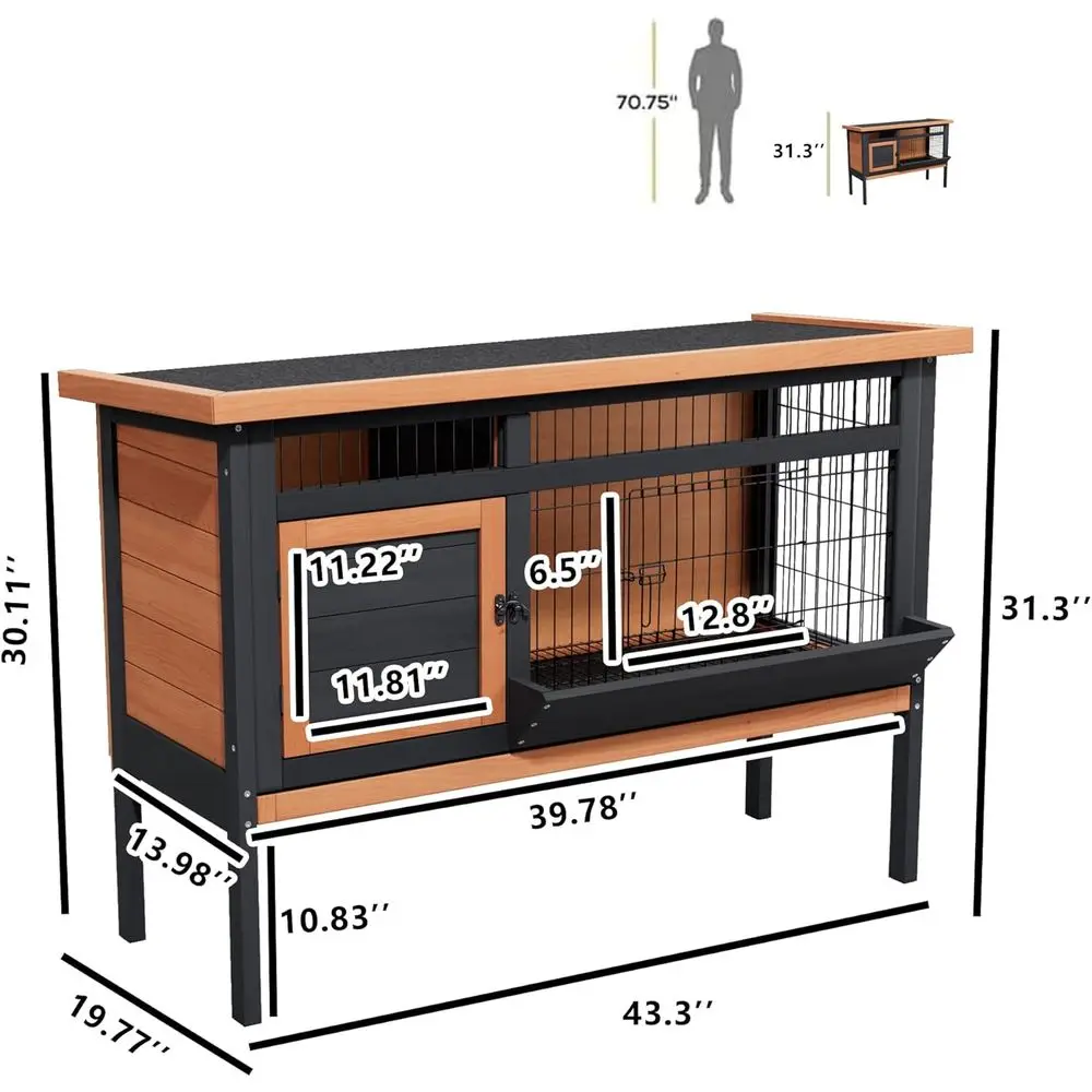 Приподнятая деревянная хижина для кроликов для внутреннего и наружного использования — 43,3 маленького домика для животных с герметичным подносом, зоной для кормления и открытой крышей
