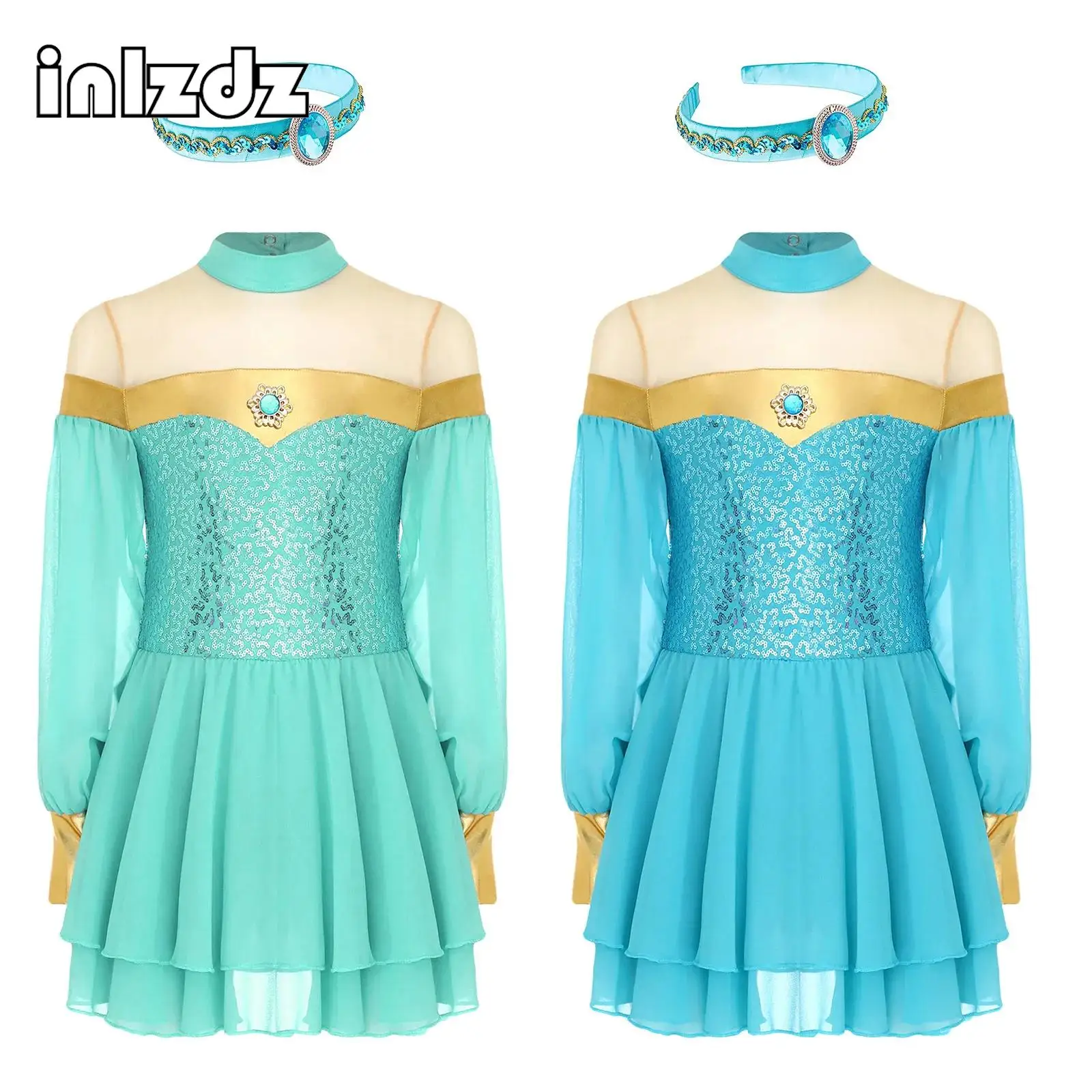 

Girls Belly Dance Halloween Arabian Princess Costume Sequins Tulle Dress Dance Jumpsuit with Hair Hoop Carnival Dress Up Costume