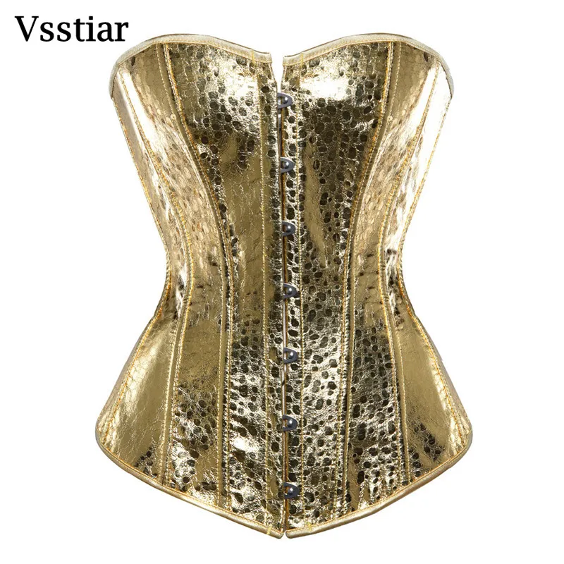 Vsstiar Silver Gold Bright PU Corset For Women Off Shoulder Bodycon Tanks Top Sexy Strapless Party Clubwear Bustier Tops S-6XL