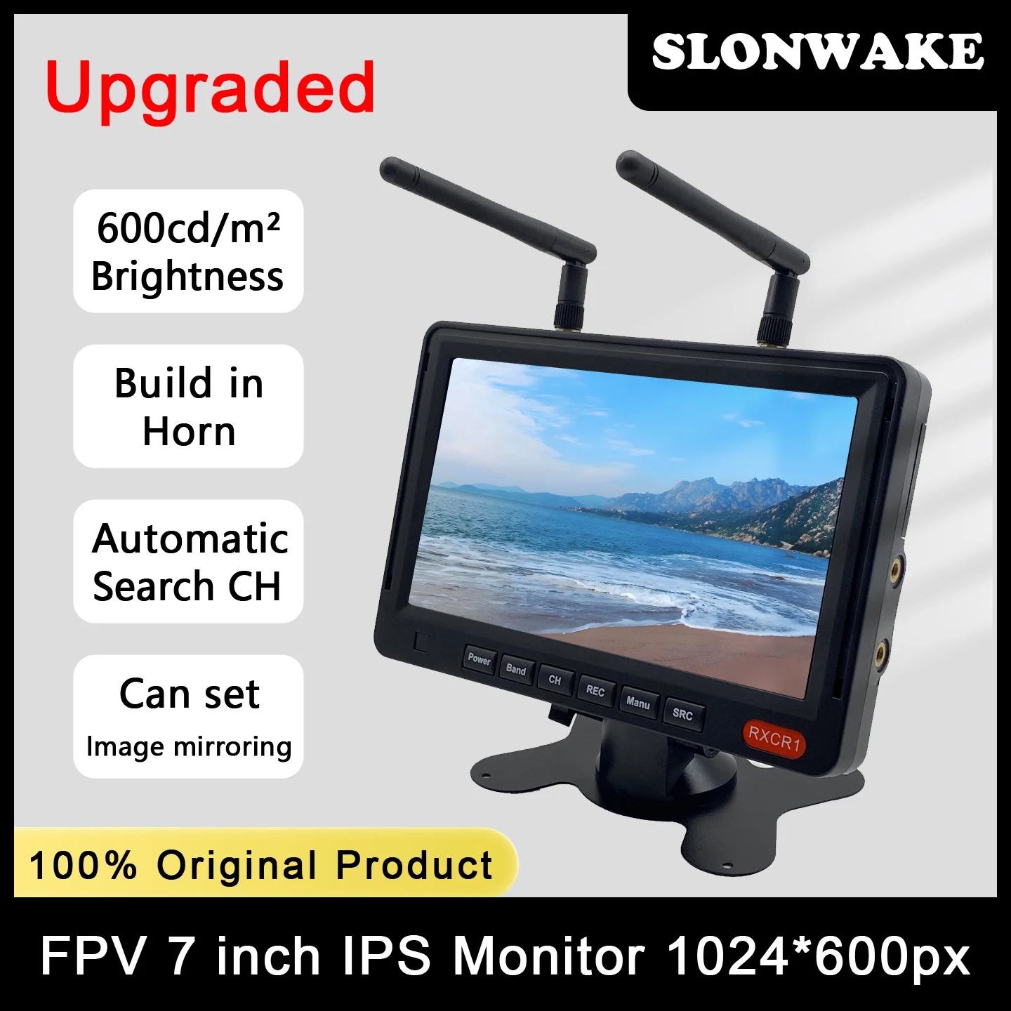 

RXCR1 7"inch FPV Monitor 1024*600px 600cd/m² 5.8G 56CH Diversity Receiver LCD Screen build in 3.7V 3000mah Battery for FPV Drone