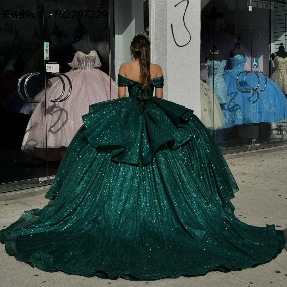 EVLAST New Dark Green Quinceanera Dress Ball Gown Shiny Lace Applique Beading corsetto a strati Sweet 16 Vestido De 15 Anos QD1045