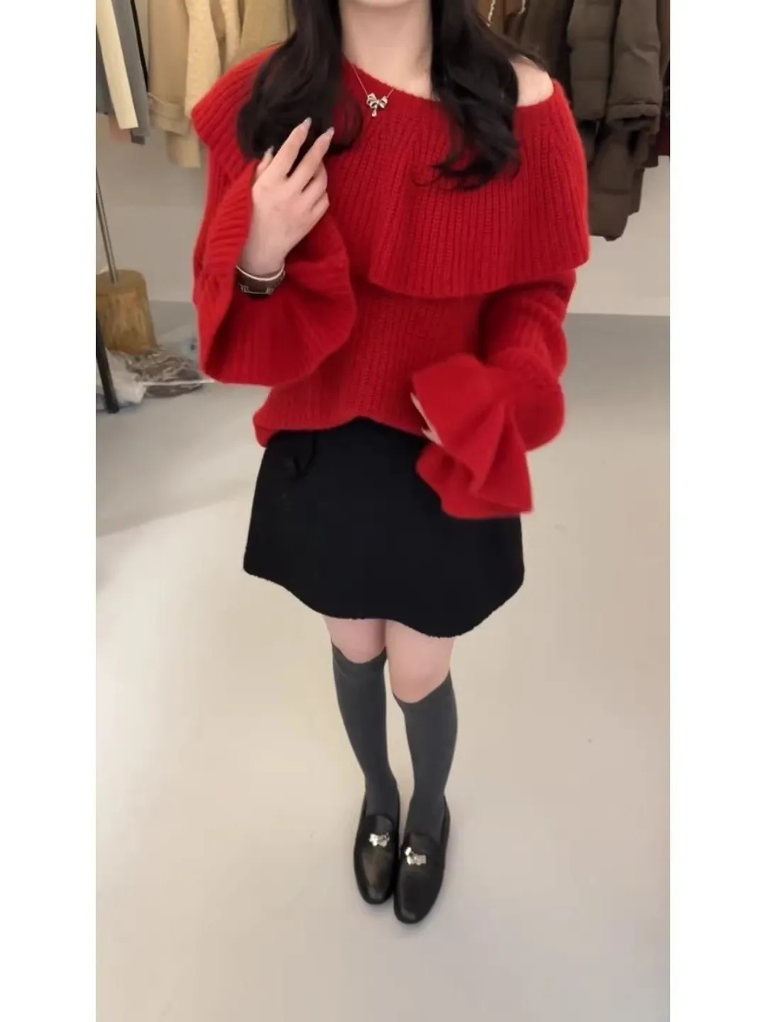 Suéter de malha solta vermelho com gola grande para mulheres inverno faion casual sle longo sve térmico confortável respirável