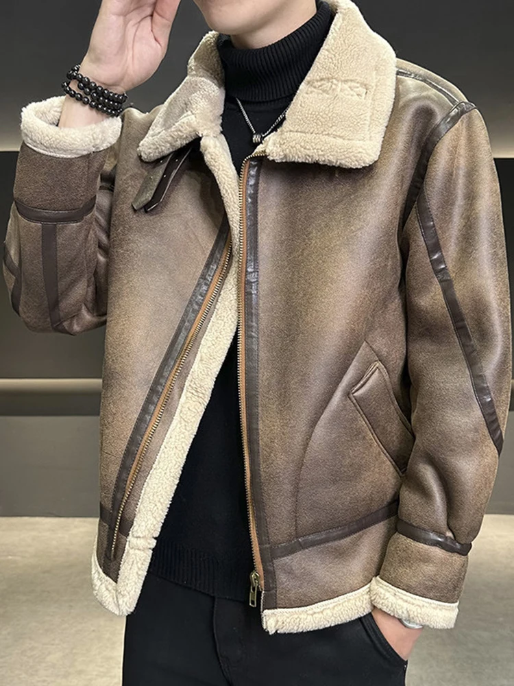 

Men's Winter Thiened Lamb Fur Cotton Jaet Heavy Du Cold Resistant Leather And Fur Inteated Youth Faion Urban Sle