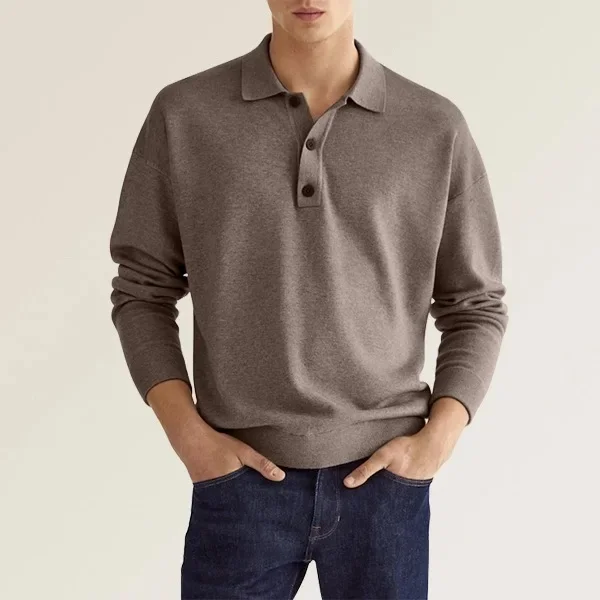 Herren-Poloshirt mit Reverskragen und Knopfleiste, Langarm, Strick, locker sitzend, einfarbig, lässig, für den Alltag, Pendler-Pullover – Detail 10
