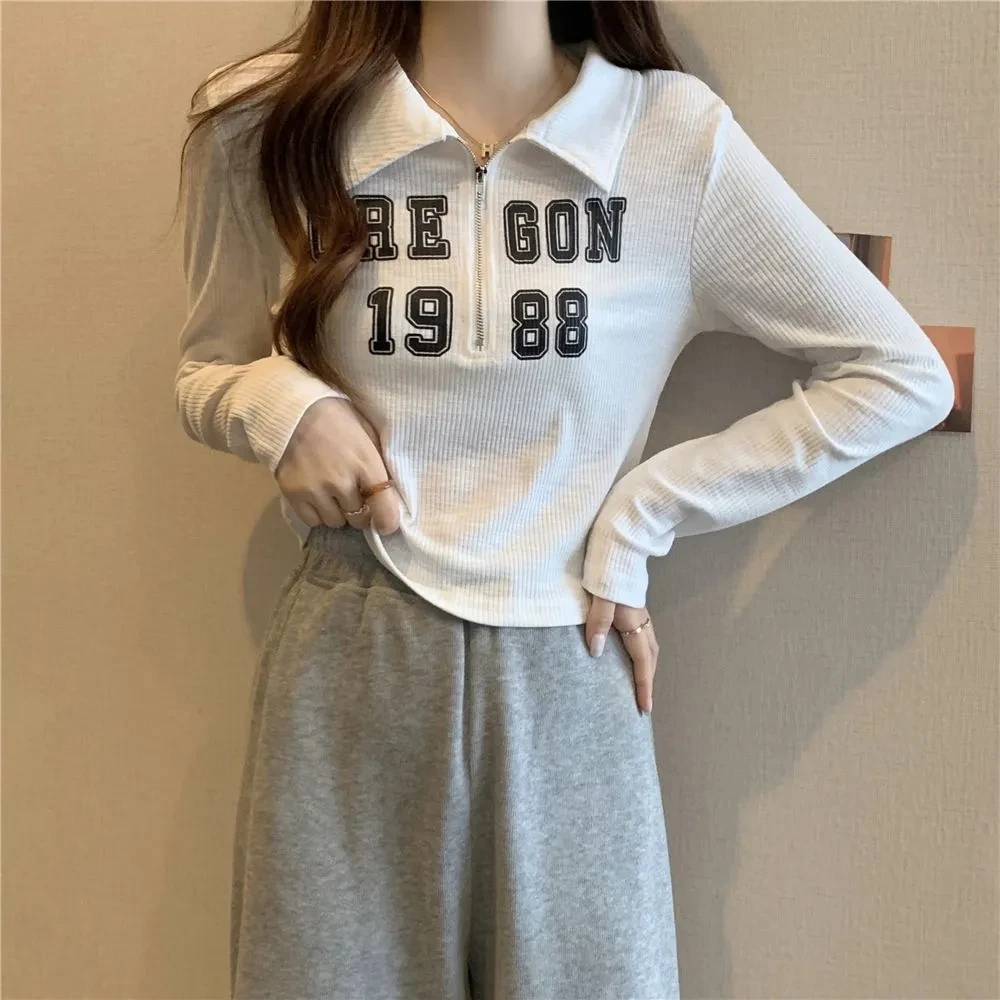 Spring Autumn Winter Long Sleeve T-shirt Women Solid Simple Zipper Print Lapel Slim Pullover Top Tops Girl