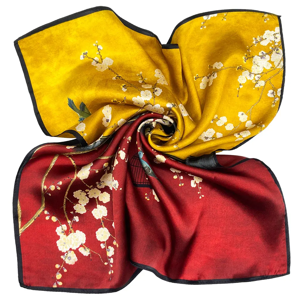 

85 см 100% натуральный шелк, роскошный женский шарф, женская зимняя шаль, мужская квадратная дизайнерская бандана, подарки для девочек, хиджаб с цветком сливы