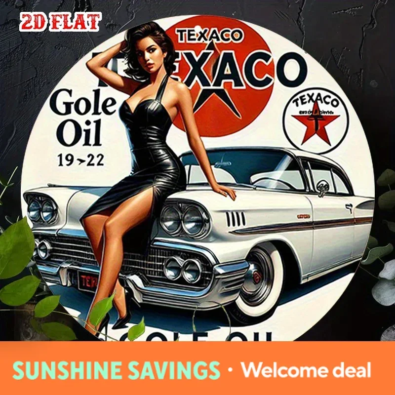 Letrero Redondo de Metal Vintage Texaco Gole Oil Pin Up Girl, Arte de Pared Metálico Retro Texaco Gas Station Pin Up Girl, Rústico G