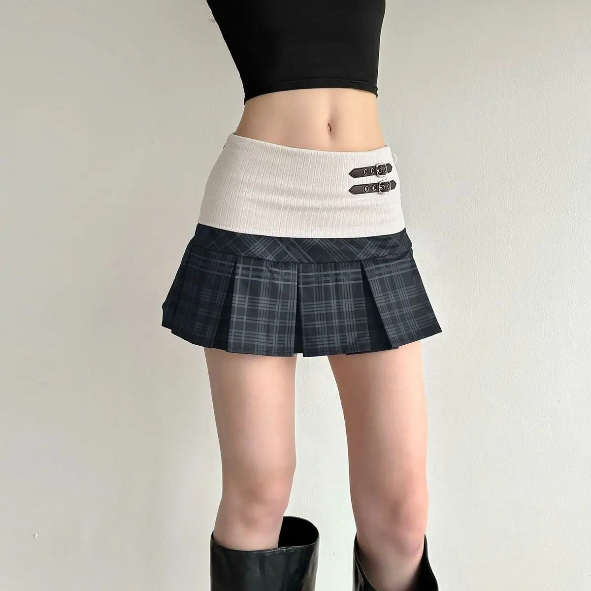 American stitching plaid pleated skirt new style A place thin skirt trend fashion Harajuku retro summer Daily versatile fashion