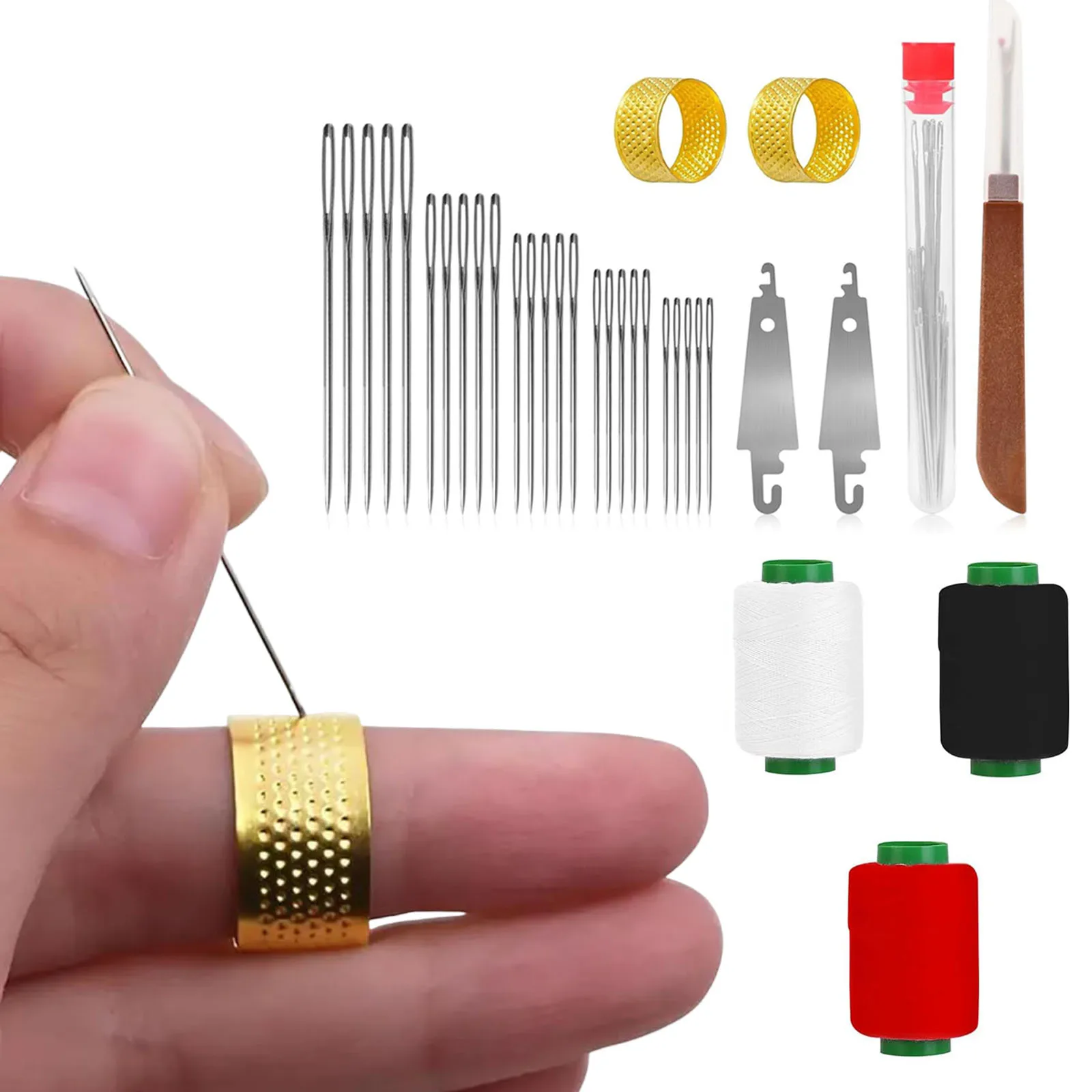 34-teiliges Nähnadel-Set aus Edelstahl mit mehreren Größen und großem Auge mit Fingerhüten, Faden, Stickerei, Kreuzstichwerkzeuge für Heimwerkerarbeiten