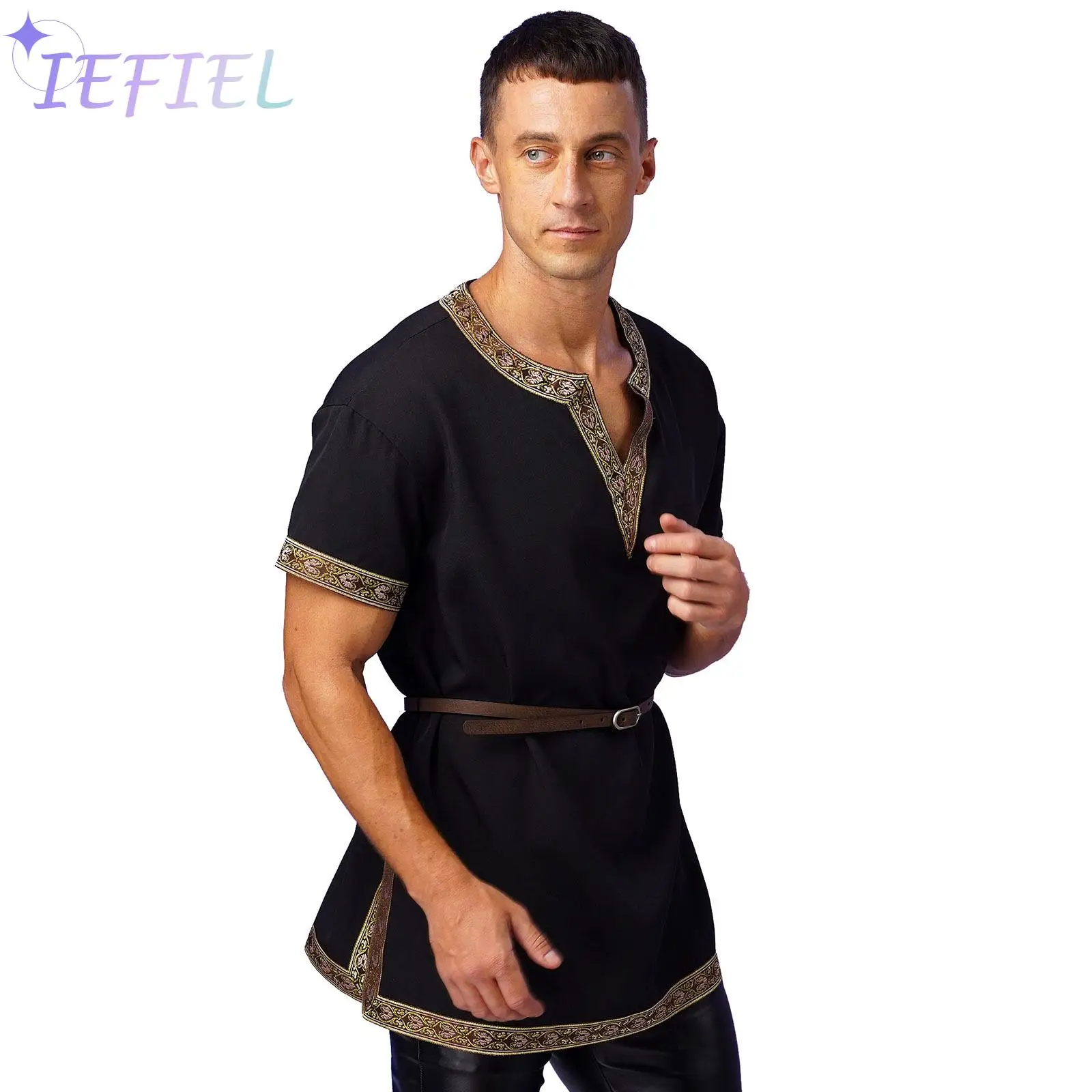 Halloween Ridder Pirate Cosplay Kostuums Heren Middeleeuwse Renaissance Shirt Tops Viking Tuniek Retro Patroon Trims Gewaad Met Riem