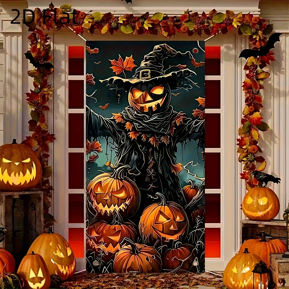 Halloween-Horror-Veranda-Banner – Polyesterfaser, Horror-Kürbis- und Vogelscheuchen-Design, Halloween-Dekoration