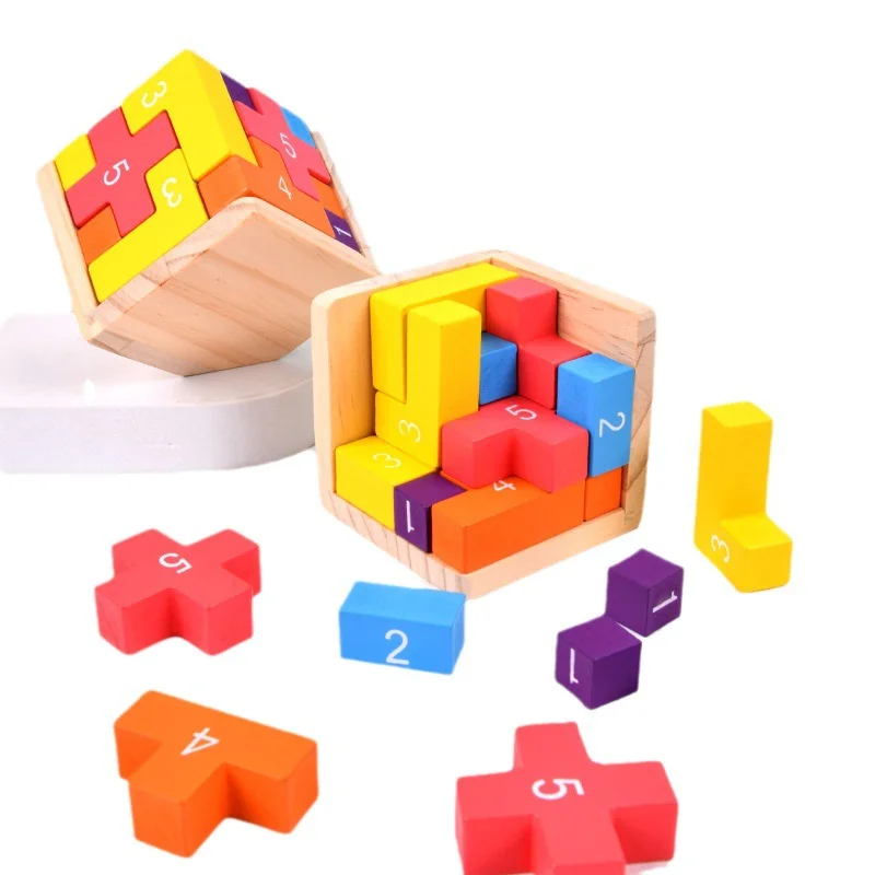 3D Wooden Children Early Educational Luban Interlocking Toys Montessori Cube Puzzle Games Brain Challenge Game Kids Sensory Toys