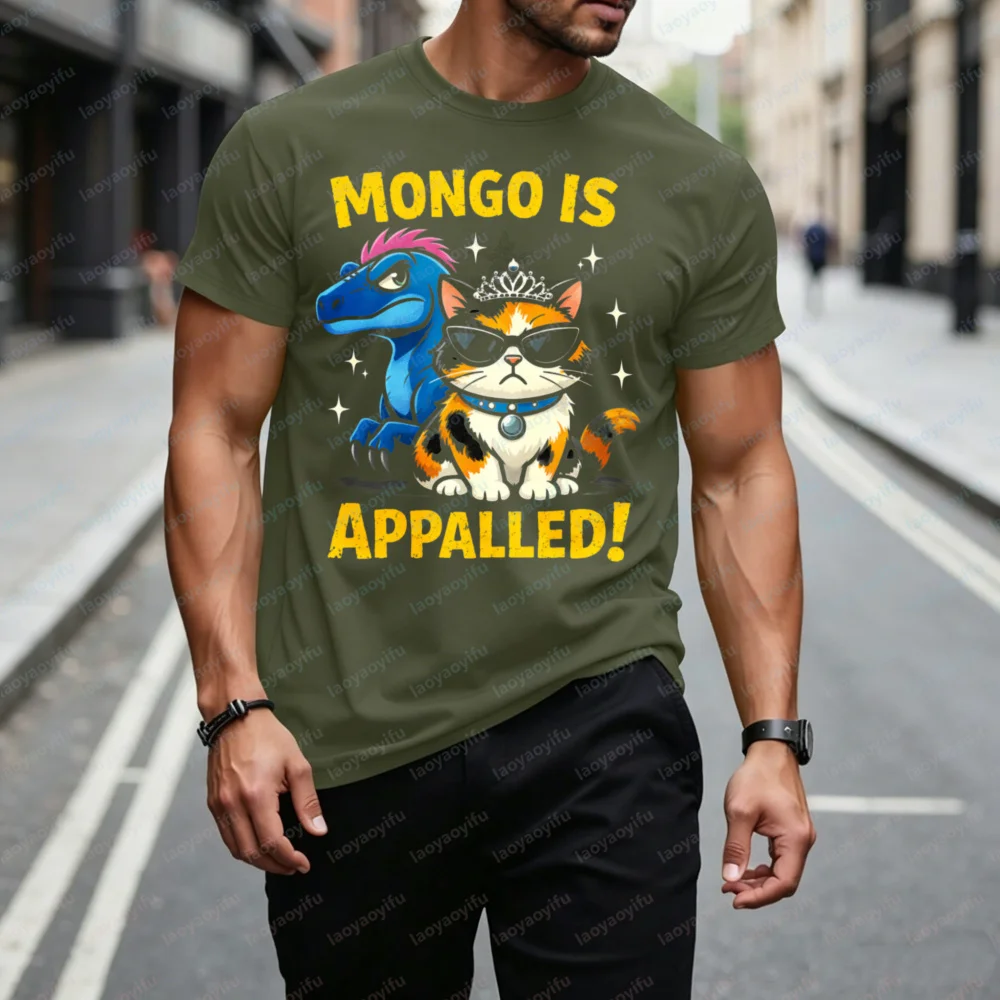 Mongo Is Appalled Funny Cat Dinosaur Meme Graphic T-Shirt Vintage Casual Unisex Short Sleeve Slogan Tee Top