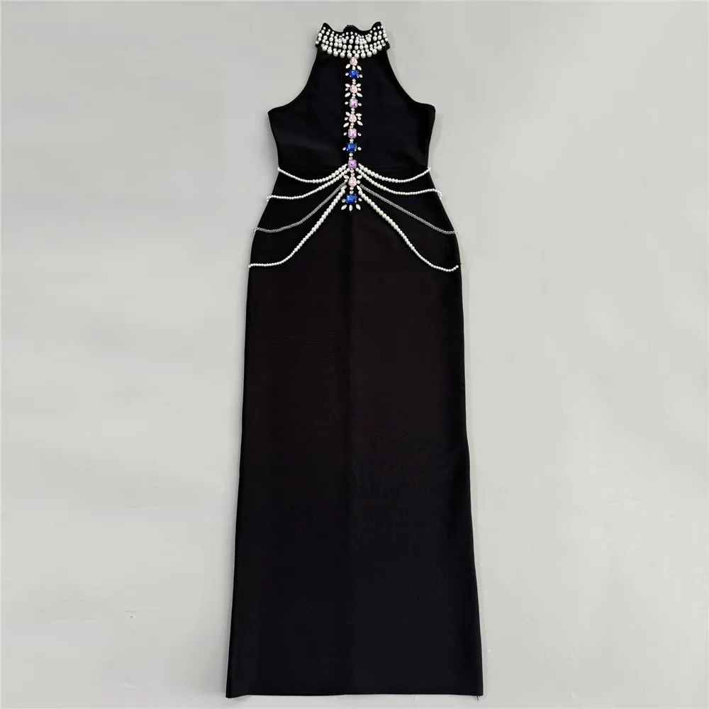 Recién llegado, vestido Sexy de mujer con hombros descubiertos, cadena de cristal brillante, vestido ceñido largo, vestido elegante de fiesta de noche y regreso a casa