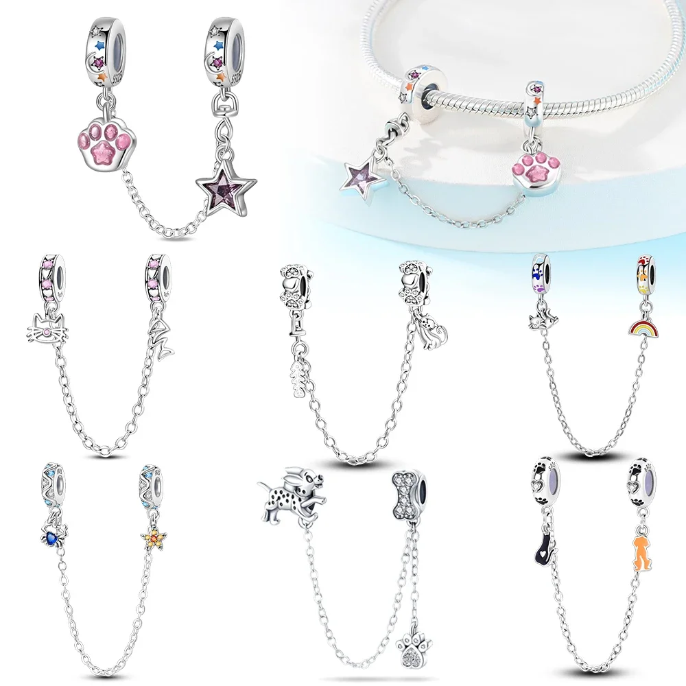 Charms Plata Fantasy Cat's Paw Cute Safety Chain Silver Colors For Charms Silver Colors Original Bracelet for Jewelry Making